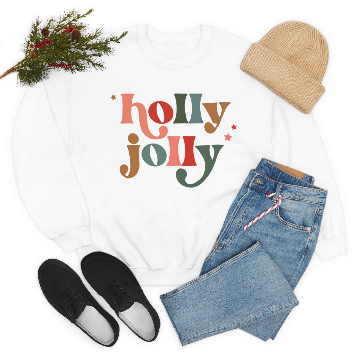 Holly Jolly Boho Retro Holiday Christmas Crewneck Pullover Sweatshirt