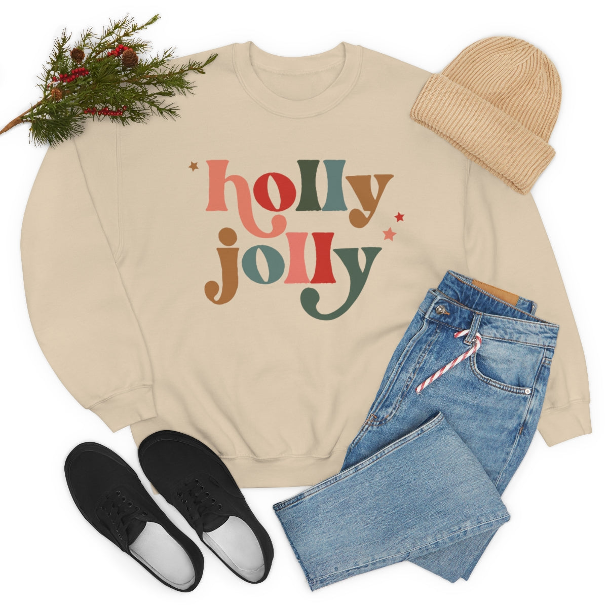 Holly Jolly Boho Retro Holiday Christmas Crewneck Pullover Sweatshirt