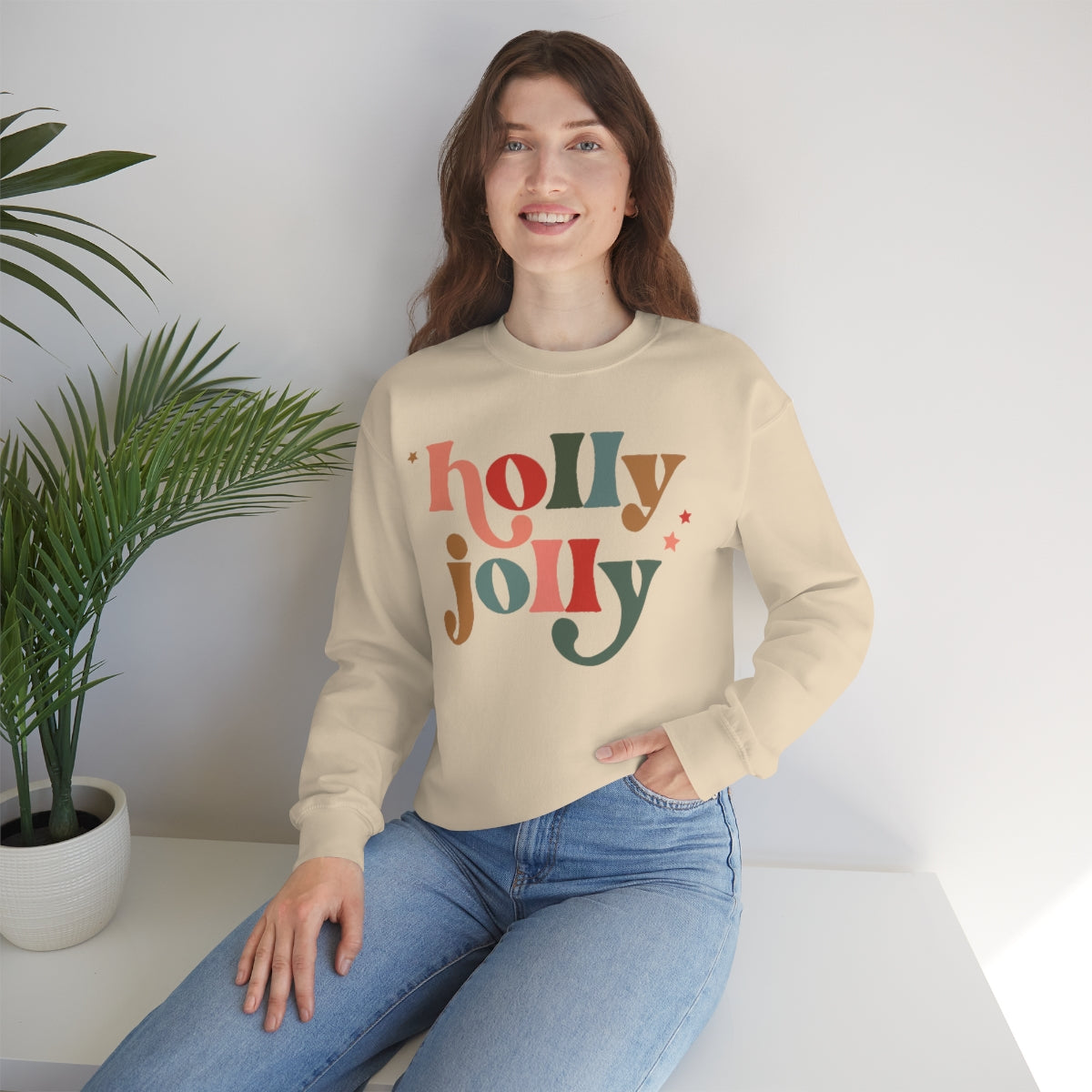 Holly Jolly Boho Retro Holiday Christmas Crewneck Pullover Sweatshirt