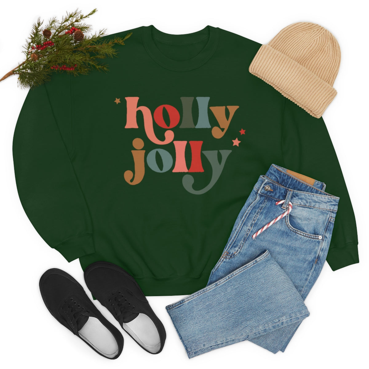 Holly Jolly Boho Retro Holiday Christmas Crewneck Pullover Sweatshirt