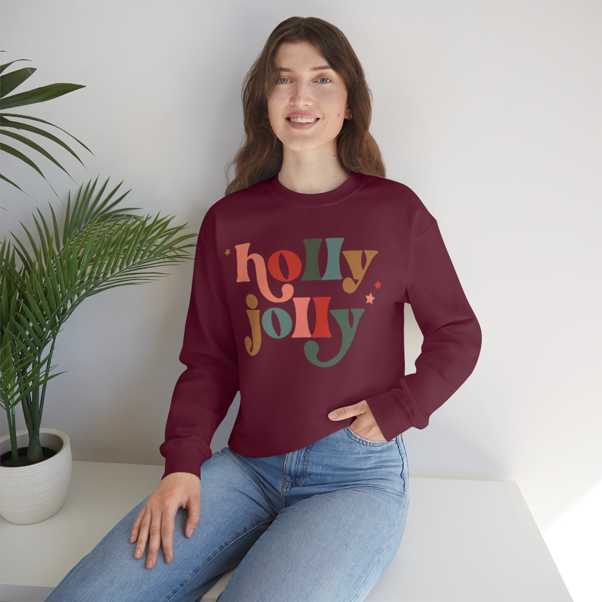 Holly Jolly Boho Retro Holiday Christmas Crewneck Pullover Sweatshirt