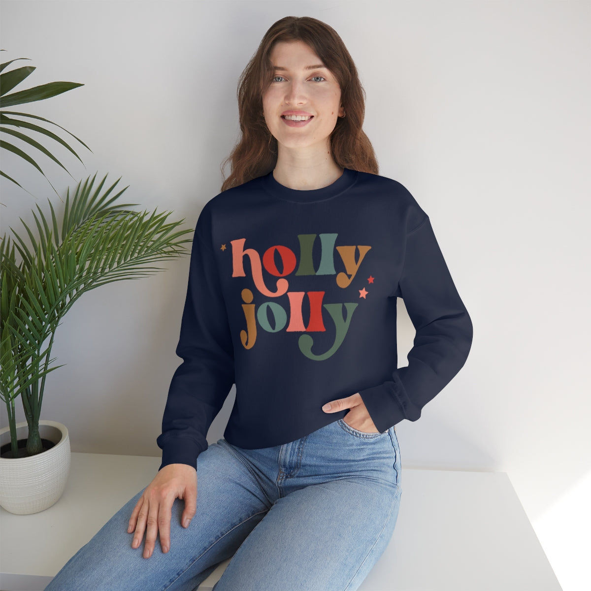 Holly Jolly Boho Retro Holiday Christmas Crewneck Pullover Sweatshirt