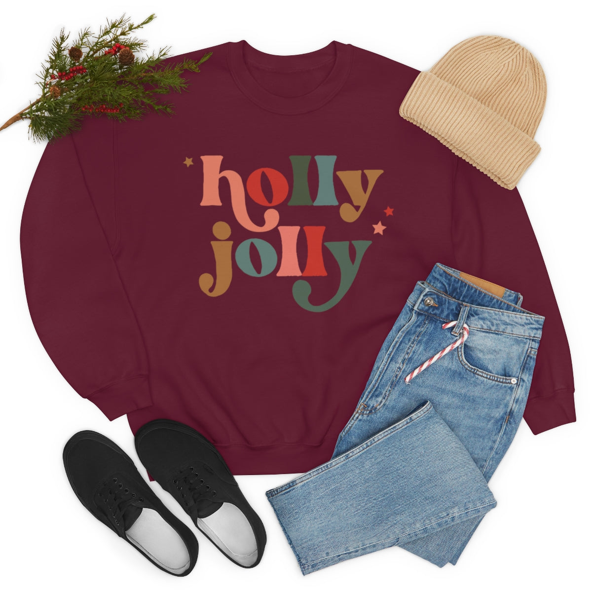 Holly Jolly Boho Retro Holiday Christmas Crewneck Pullover Sweatshirt