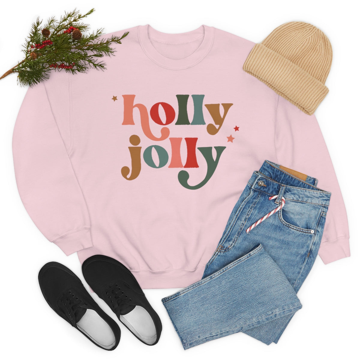 Holly Jolly Boho Retro Holiday Christmas Crewneck Pullover Sweatshirt